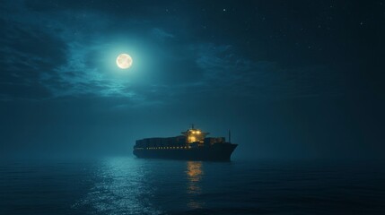 Cargo ship at night under moonlit sky