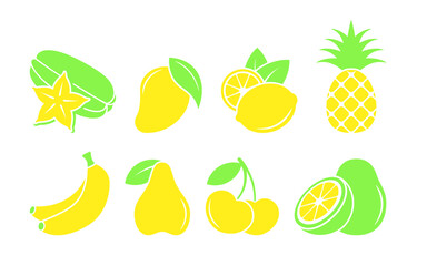 Set of yellow and green tropical fruit icons. Minimal vector design elements on white background.