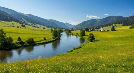 Fototapeta premium Scenic River Landscape with Mountains, Meadow, and Forest Under Sunny Blue Sky
