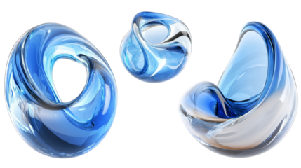 Abstract blue liquid shapes rotating on transparent background