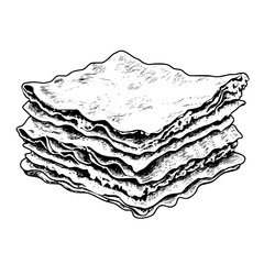 Detailed engraved illustration of stacked lasagna sheets on a white background