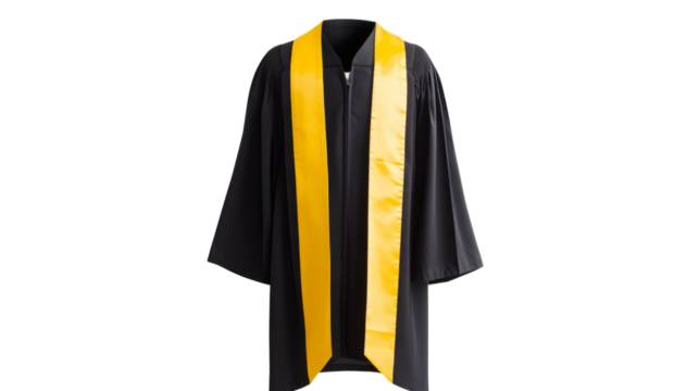 Graduation gown with yellow sash on transparent background