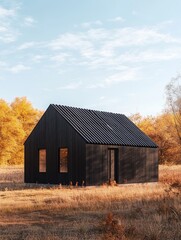Obraz premium Modern Black Cabin in Autumn Field - Stylish black cabin nestled in a field of golden autumn grass under a clear sky. Simple, modern design