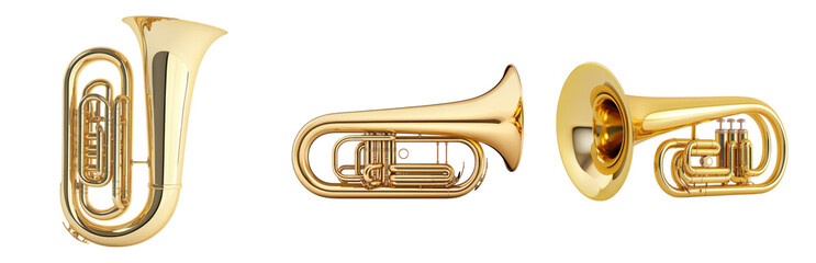 Obraz premium Gold Tuba Instruments Displayed in Various Angles Isolated on transparent background