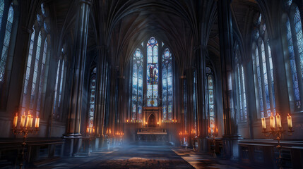 Fototapeta premium The interior of a gothic cathedral, with intricate stained glass windows casting colorful light across the space. Soft candlelight flickers, creating shadows that dance across the stone floors and hig