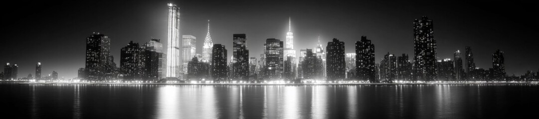 Obraz premium A Monochromatic City Skyline with Sparkling Lights and Tall Structures Over the Water. Generative AI