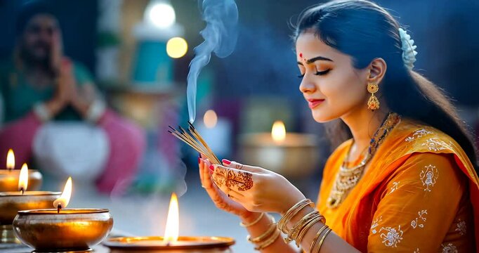 Woman Lighting Incense for Lord Shiva