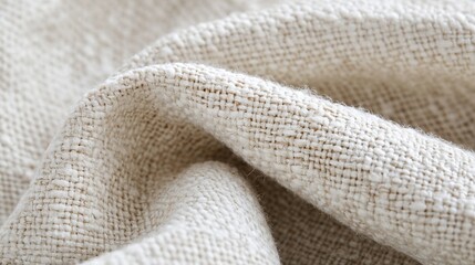 Close-up of beige natural linen fabric texture for textile blogs, sustainable fashion websites, organic material showcasing, background patterns, and natural fiber education