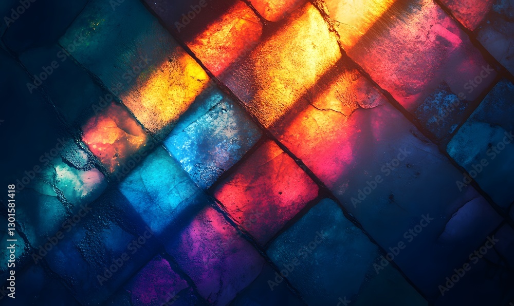 Poster abstract stained glass window with vibrant colors and geometric patterns creating luminous effects