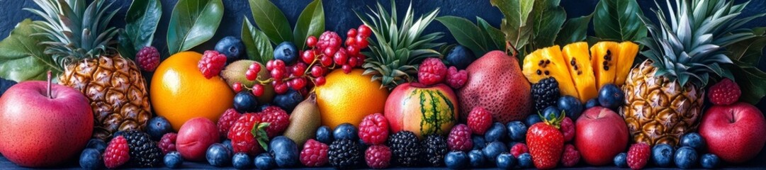 Tropical Fruits and Berries with Pineapples Apples and Oranges. Generative AI