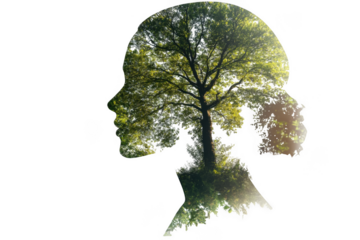 A unique artistic representation blending human and nature elements, showcasing a tree within a human silhouette, symbolizing harmony and growth