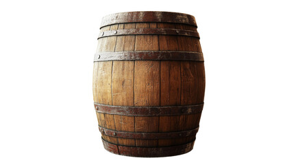 Old wooden barrel with metal rings on transparent background