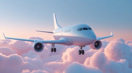 Obraz premium Airplane soaring above fluffy clouds during a serene sunset, perfect for travel and aviation th