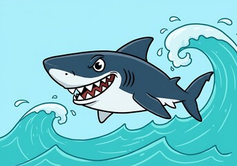 Obraz premium Menacing Shark Cartoon in Dynamic Ocean Waves