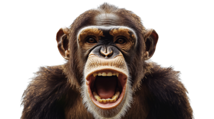 Chimpanzee screaming with open mouth on transparent background