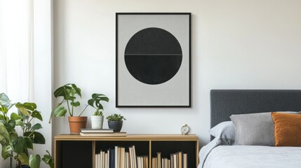 Modern art print in bedroom, minimalist design, plants, bedside table