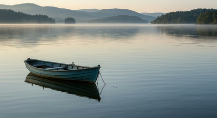 Wooden Boat on Calm Lake with Mountain Reflection in Early Morning Light