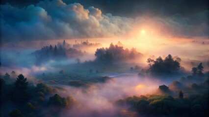 Obraz premium Sunrise over Foggy Forest Landscape