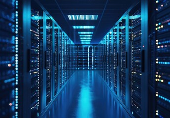 Obraz premium Futuristic data center with glowing blue server racks and high-tech networking infrastructure. Ideal for cloud computing, cybersecurity, and IT infrastructure concepts