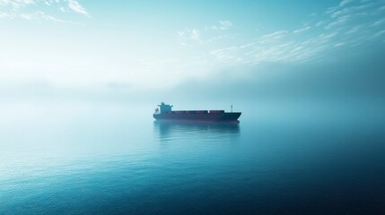 Cargo ship at sea in foggy morning light
