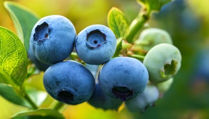 Blueberry plants cultivated in garden Vaccinium angustifolium ripening lowbush blueberries closeup