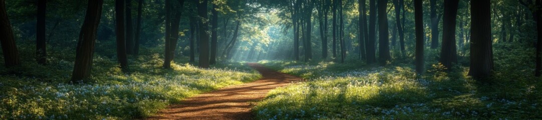 Obraz premium Sunlit Path Through a Forest with Summer Flowers Along the Trail. Generative AI