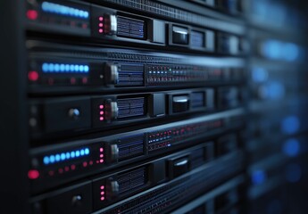 Obraz premium Close-up of high-tech server racks with glowing blue and red indicator lights in a modern data center. Ideal for cloud computing, cybersecurity, and IT infrastructure concepts