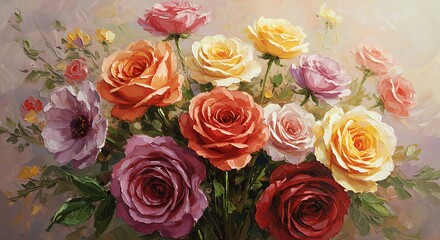 Fototapeta premium Colorful Rose Bouquet Painting Romantic Floral Arrangement Art Print