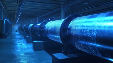 Futuristic Water Treatment Facility with Modern Pipes and Blue Lighting
