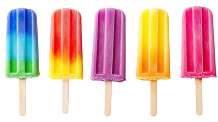 Colorful rainbow popsicles lined up, frozen summer treats, isolated on white background, PNG format