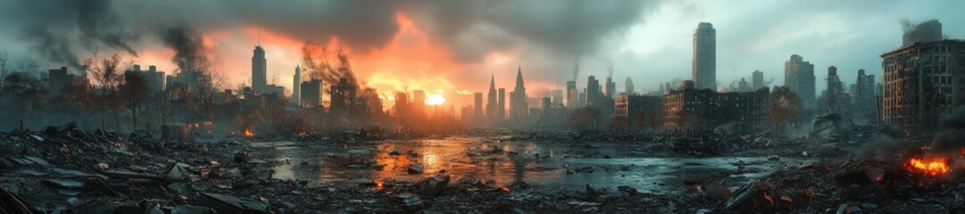 Fototapeta premium Devastation of the City with Smoke and Flames at Sunset. Generative AI
