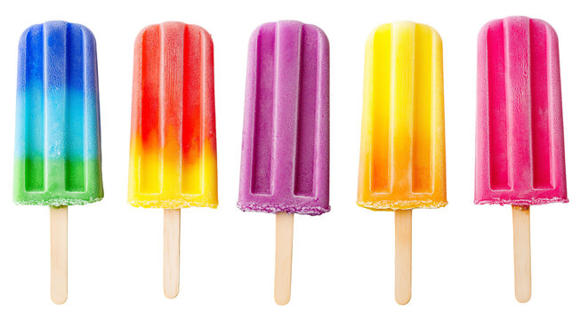 Colorful rainbow popsicles lined up, frozen summer treats, isolated on white background, PNG format