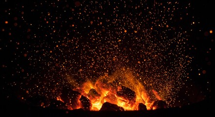 Fire embers particles over black background. Fire sparks background