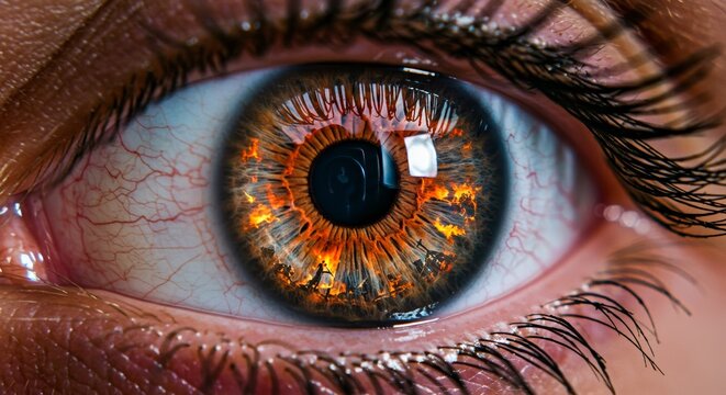 Human eye reflecting a dystopian cityscape consumed by fire and destruction