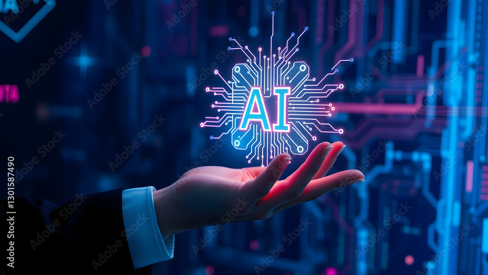 Poster a hand presenting an glowing ai symbol in a futuristic technological setting. the image captures the