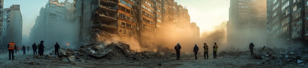 Obraz premium Destruction and Rescue Efforts at the Collapse of a Building Amidst Dust and Smoke. Generative AI