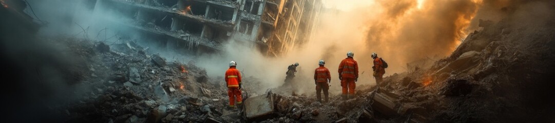 Fototapeta premium Rescue Team Fighting Through Smoke and Rubble to Save Lives in a Devastated Building. Generative AI
