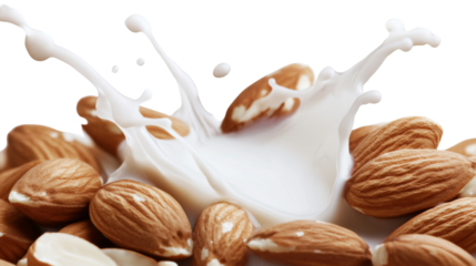 Almond milk splashing on almonds with transparent background