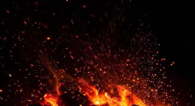 Fire embers particles over black background. Fire sparks background