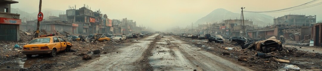 Fototapeta premium Dusty Street with Overturned Cars and Fallen Street Signs After Earthquake. Generative AI