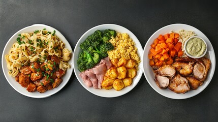 Delicious Healthy Meal Prep Bowls with Chicken Broccoli Pasta Potatoes Carrots Noodles Gourmet Food Photography diet menu home lunch plate tasty fresh