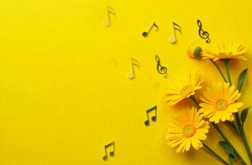 Yellow flowers with drawing musical notes on yellow background flat lay with copy space.
