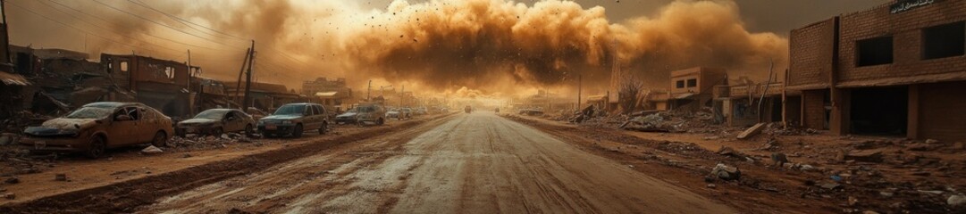 Rubble-strewn road as dust cloud from earthquake approaches. Generative AI