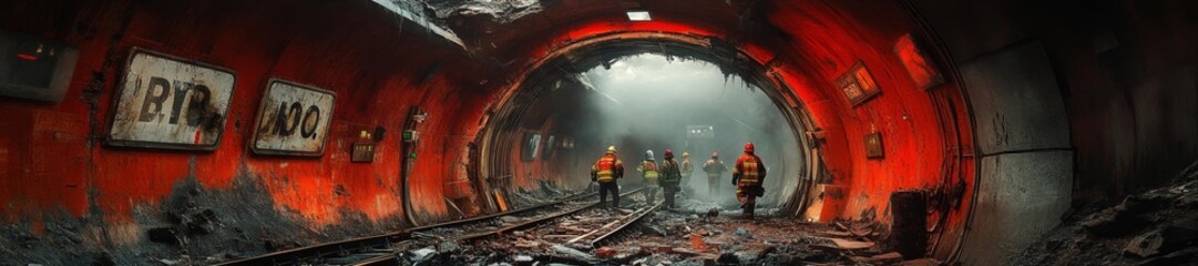 Firefighters Working in a Devastated Subway Tunnel with Burnt Tracks and Wreckage. Generative AI