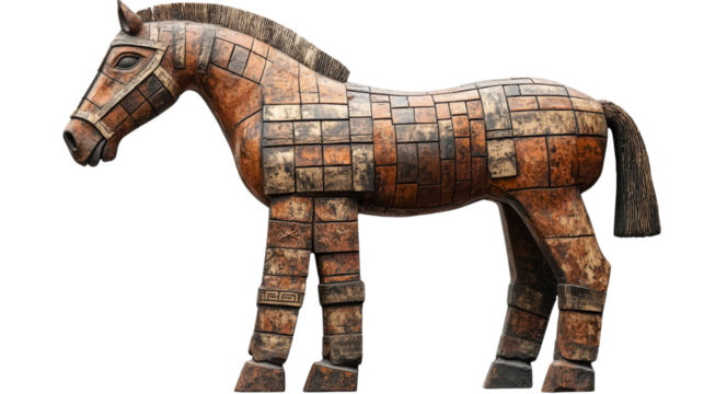 Majestic wooden trojan horse statue on transparent background