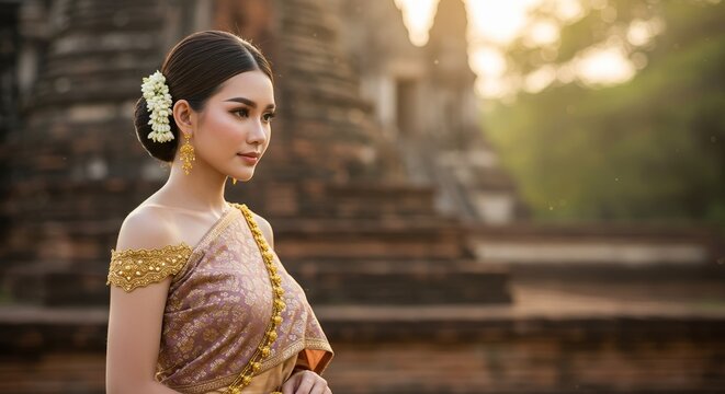 Elegant Thai woman in traditional silk attire against ancient temple backdrop