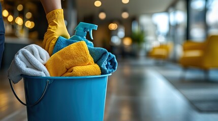 Cleaning Supplies in a Blue Bucket, Lobby Setting