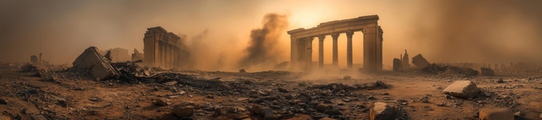 Fototapeta premium Desolate ruins of an ancient cultural site with fallen columns and scattered statues. Generative AI