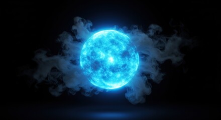 Obraz premium Luminous Blue Sphere with Smoke on Dark Background - Abstract Element, Digital Art.
