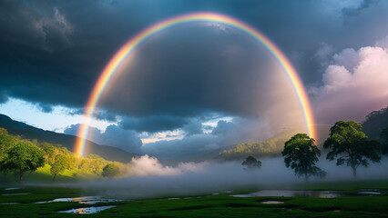 a breathtaking, highly detailed, cinematic photograph of a vibrant,double-arched rainbow stretching across the sky, its colors gradating from soft pink to deep indigo, set against a dramatic, moody ba